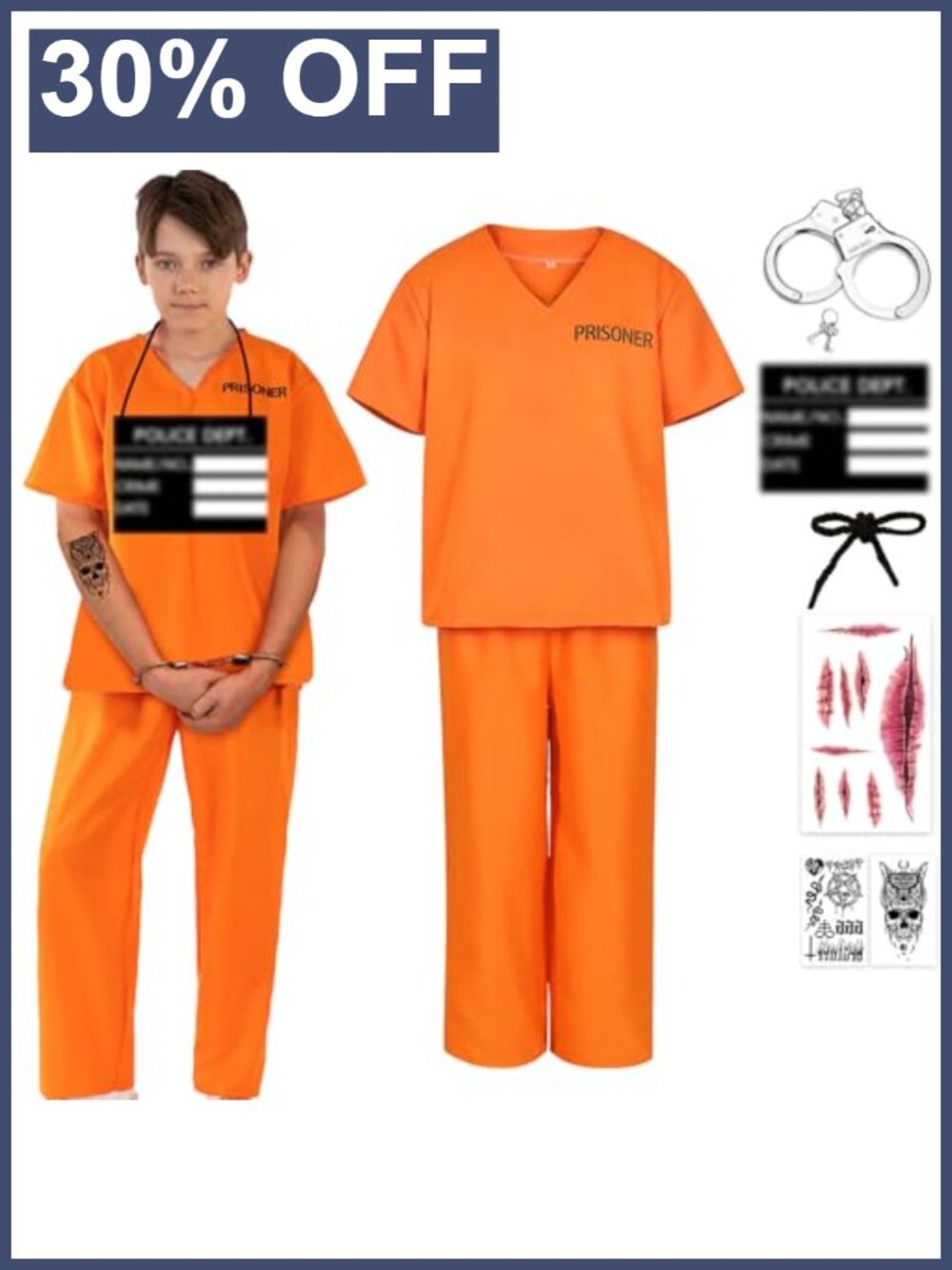 Kids Prisoner Costume Halloween Inmate Outfit with Handcuffs Nameplate Tattoo